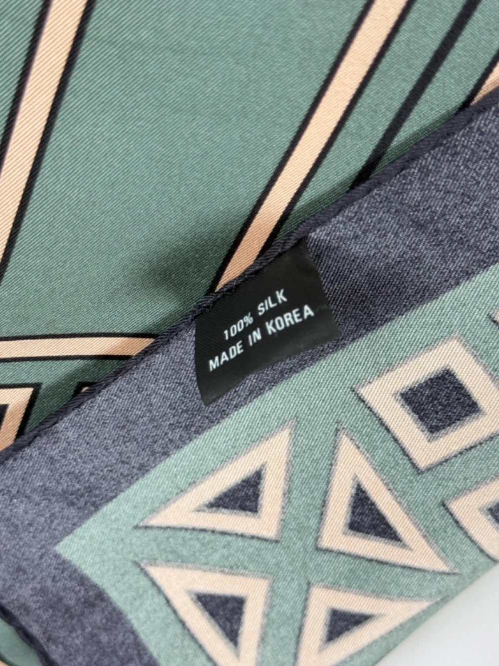 Vintage Silk Scarf 32 in Square Geometric Sage Green Beige Black Korea Excellent